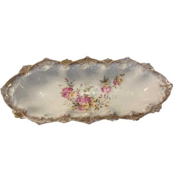 Antique MZ Austria Porcelain Celery Dish Hand-painted Pink Yellow Rose Gold Trim